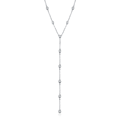 925 Sterling Silver Pave Clear Cubic Zirconia Geometric Flat Round Pendant Long Tassel Y Necklaces for Women