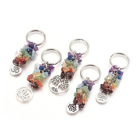 Natural Gemstone Keychain Sets, with Brass Findings, Flat Round