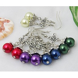 Fashion Ball Dangle Earrings, with Glass Pearl Beads, Tibetan Style Beads and Brass Earring Hooks, 45mm