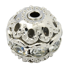 Brass Rhinestone Beads, Grade A, Platinum Metal Color, Round, 10mm in diameter, Hole: 1.2mm