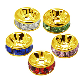 Séparateurs perles en verre avec strass en laiton, Grade a, bride droite, métal couleur or, rondelle