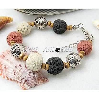 Lava Rock Bracelets, with Alloy beads, Wood Beads, Iron Chains and Alloy Lobster Clasps, 190mm