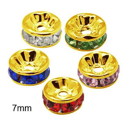 Brass Rhinestone Spacer Beads, Grade AAA, Straight Flange, Nickel Free, Golden Metal Color, Rondelle, 7x3.2mm, Hole: 1.2mm