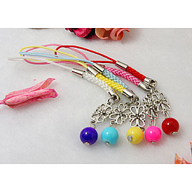 Correas del encanto del teléfono celular, con cuentas redondas de vidrio, Abalorios estilo tibetano y lazo de la cuerda con los hallazgos de aleación y cuerda de nylon, 98 mm