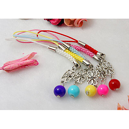 Correas del encanto del teléfono celular, con cuentas redondas de vidrio, Abalorios estilo tibetano y lazo de la cuerda con los hallazgos de aleación y cuerda de nylon, 98 mm