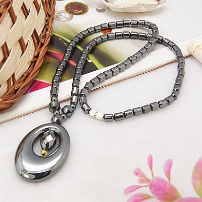 Magnetic Synthetic Hematite Necklaces, with Brass Screw Clasps and Flat Oval Pendants, 17.3 inch 