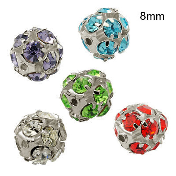 Brass Rhinestone Beads, with Iron Single Core, Grade A, Platinum Metal Color, Round, 8mm in diameter, Hole: 1mm