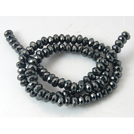 Non-Magnetic Synthetic Hematite Beads Strands, Faceted, Rondelle, Black, 6x4mm, Hole: 1mm, about 106pcs/strand, 16.6 inch