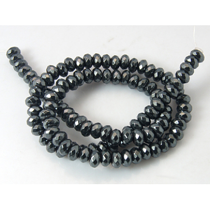 Non-Magnetic Synthetic Hematite Beads Strands, Faceted, Rondelle, Black, 6x4mm, Hole: 1mm, about 106pcs/strand, 16.6 inch