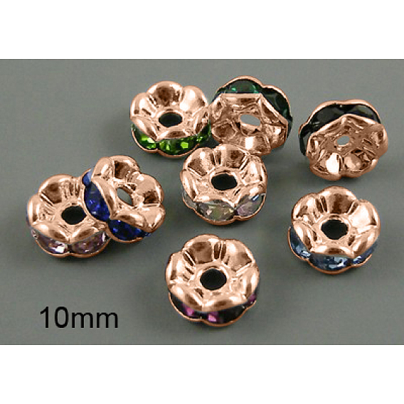 Brass Rhinestone Spacer Beads, Grade AAA, Wavy Edge, Nickel Free, Rose Gold Metal Color, Rondelle, 10x4mm, Hole: 2mm