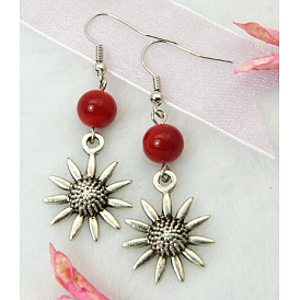 Dangle Sunflower Earrings, with Tibetan Style Pendant, Glass Beads and Brass Earring Hook, 52mm