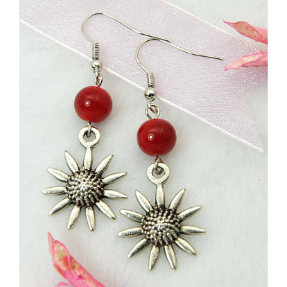 Dangle Sunflower Earrings, with Tibetan Style Pendant, Glass Beads and Brass Earring Hook, 52mm