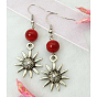 Dangle Sunflower Earrings, with Tibetan Style Pendant, Glass Beads and Brass Earring Hook, 52mm
