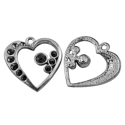 Heart Alloy Pendant Rhinestone Settings, Lead Free and Cadmium Free, Antique Silver Color, about 20mm long, 19mm wide,2.5mm thick,  hole:1.5mm