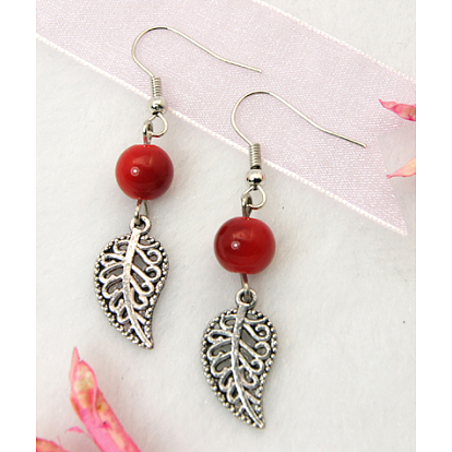 Dangle Leaf Earrings, with
 Tibetan Style Pendant, Glass Beads and Brass Earring Hook, 48mm