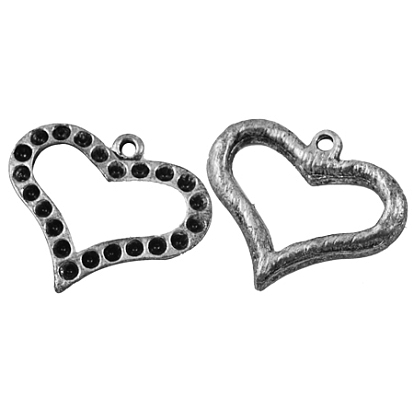 Heart Alloy Pendant Rhinestone Settings, Lead Free and Cadmium Free, Antique Silver Color, about 25mm long, 21mm wide, 2mm thick, hole:1mm