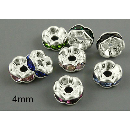 Brass Rhinestone Spacer Beads, Grade AAA, Wavy Edge, Nickel Free, Silver Color Plated, Rondelle, 4x2mm, Hole: 1mm
