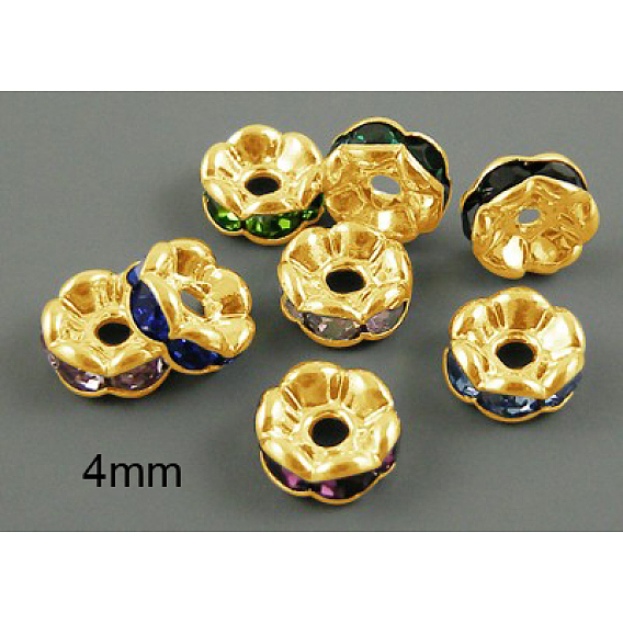 Brass Rhinestone Spacer Beads, Grade AAA, Wavy Edge, Nickel Free, Golden Metal Color, Rondelle, 4x2mm, Hole: 1mm