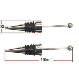 Alloy Bottle Stoppers, with Iron Stick and Round Beads, Black Rubber Rings, Cone, 120x20.5mm