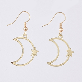 Alloy Dangle Earrings, with Brass Real 18K Gold Plated Earring Hooks, Moon and Star