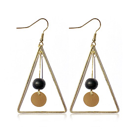 Geometric Wooden Bead Earrings with Hollow Triangle Design and Long Length