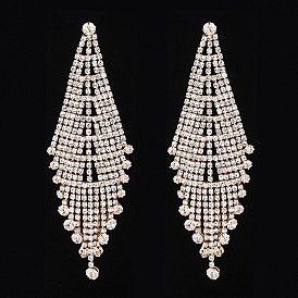 Fashionable Rhinestone Earrings with Tassel Pendant - Long Chain, Full of Diamonds.