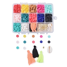 DIY Jewelry Kit, with Cotton Thread Tassels Pendant, Natural Cowrie Shell Beads, Handmade Polymer Clay Heishi Beads and Electroplate Non-magnetic Synthetic Hematite Beads