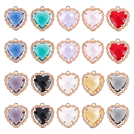 20Pcs 10 Colors Glass Pendants, with Brass Open Back Settings, Faceted, Heart, Light Gold