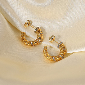 18K Gold Stainless Steel C-shaped Ribbed Diamond Earrings - Fashionable and Versatile