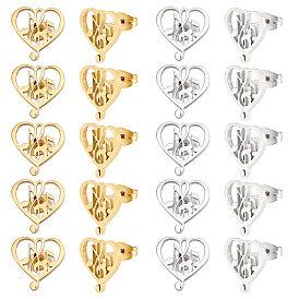 Unicraftale 10 Pairs 2 Colors Heart with Musical Note 304 Stainless Steel Stud Earrings for Women