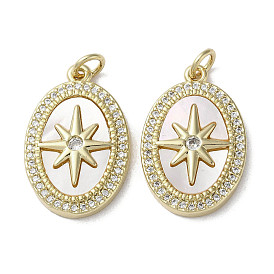 Brass Micro Pave Cubic Zirconia Pendants, with Shell, Oval with Star Pattern