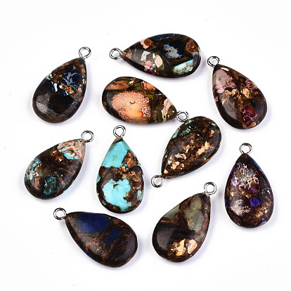 Assembled Natural Bronzite and Natural & Synthetic Gemstone Pendants, with Platinum Plated Iron Loop, Teardrop, Mixed Dyed and Undyed