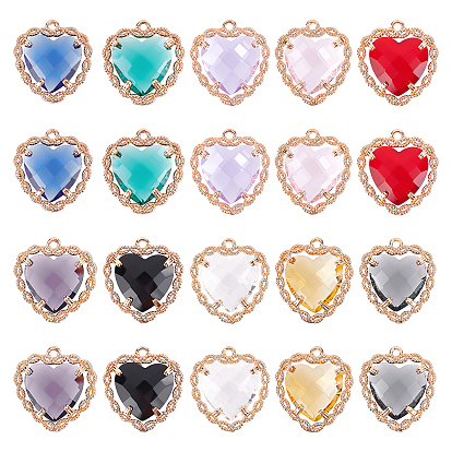 20Pcs 10 Colors Glass Pendants, with Brass Open Back Settings, Faceted, Heart, Light Gold