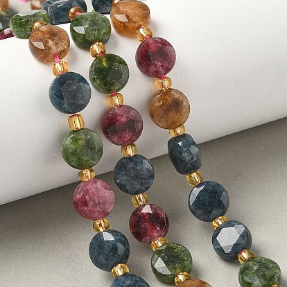 Нити из натуральных разноцветных турмалиновых бусин, граненый шестиугольный разрез, плоско-круглые, с бисером
