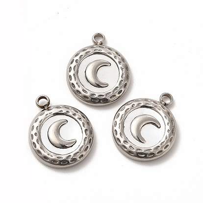 Natural White Shell Flat Round Charms, with Vacuum Plating 304 Stainless Steel Findings, Moon Pattern