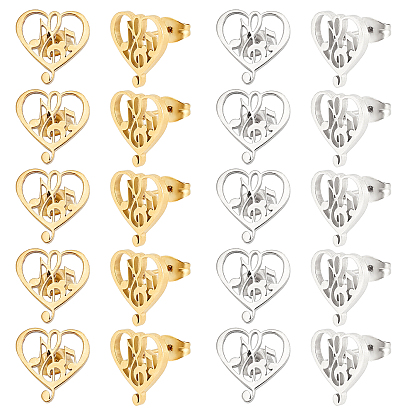 10 Pairs 2 Colors Heart with Musical Note 304 Stainless Steel Stud Earrings for Women