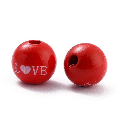 Painted Natural Wood Beads, Round with Word LOVE
