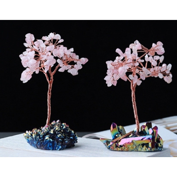 Décorations d'affichage de puces de quartz rose naturel, avec accessoires en laiton, arbre chanceux, or rose