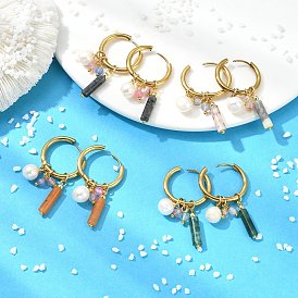 Серьги-подвески с натуральными драгоценными камнями и пресноводным жемчугом, с 202 кольцом-обручем из нержавеющей стали и латунной фурнитурой, золотые