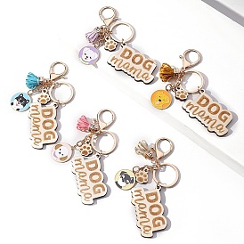 Wooden Keychains, Bag Purse Decorations, with Alloy Enamel Pendants, Flat Round Dog Charm