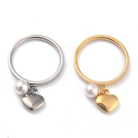 Dual-use Items, 304 Stainless Steel Finger Rings or Pendants, with Plastic Round Beads, Heart, White