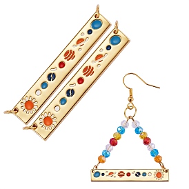 Brass Enamel Pendants Links, Solar System Pendants, with Jump Rings, Long-Lasting Plated, Rectangle & Planet, Colorful