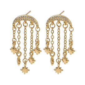 Двойной рог из кубического циркония со звездой серьги-люстры, серьги-подвески с кисточками из настоящей позолоченной латуни 18k для женщин, без кадмия и без свинца