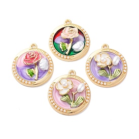 Подвески из эмали и сплава, с ABS имитации жемчуга, без кадмия, без никеля и без свинца, стойки покрытие, плоский настил с цветочным шармом, золотые