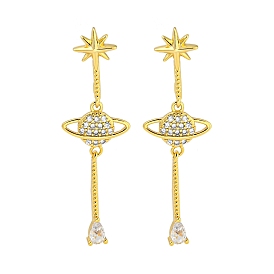 Rack Plating Planet Brass Micro Pave Clear Cubic Zirconia Stud Earrings, Cadmium Free & Lead Free, Long-Lasting Plated