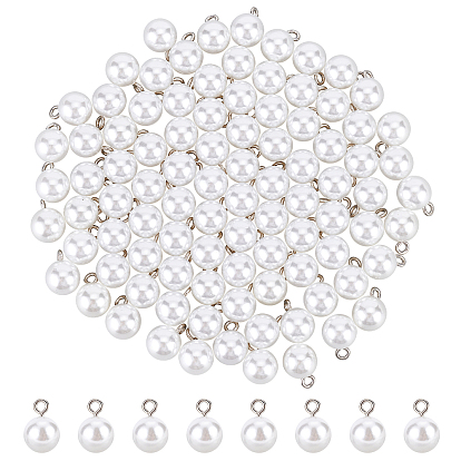 100Pcs Opaque Resin Pendants, Imitation Pearl, with Platinum Tone Iron Loop, Round