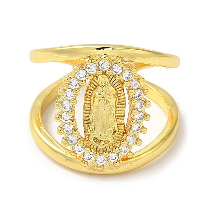 Clear Cubic Zirconia Virgin Mary Open Cuff Rings, Rack Plating Brass Jewelry, Long-Lasting Plated