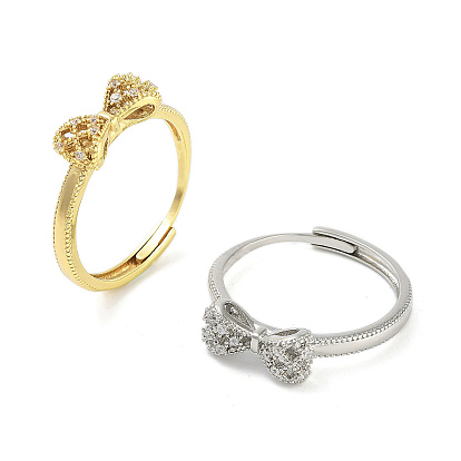 Регулируемые кольца из латуни с бантом и микро-паве с прозрачным фианитом, для женщин