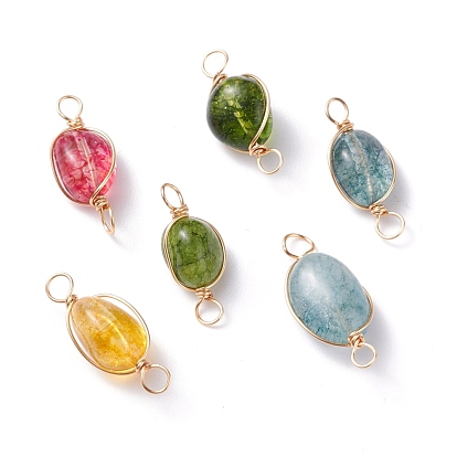 Natural Crackle Quartz Links Connectors, with Real 18K Gold Plated Eco-Friendly Copper Wire, Nuggets