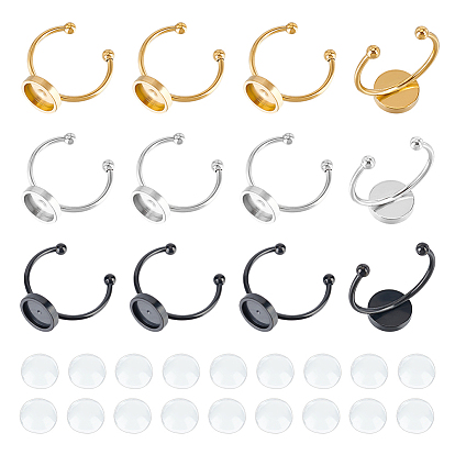 Набор для самостоятельного изготовления плоского круглого пустого кольца-камеи, в том числе 201/304 настройки кольца манжеты из нержавеющей стали, Прозрачные стеклянные кабошоны